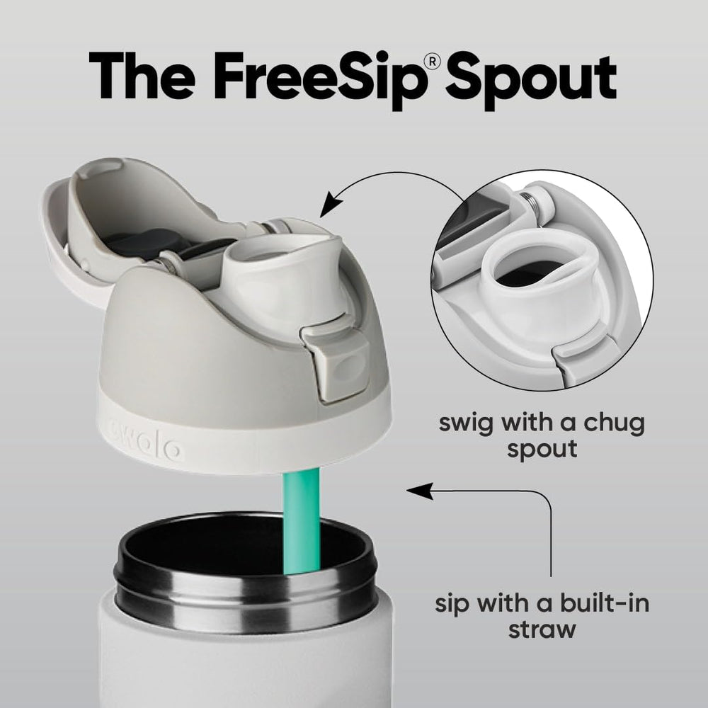 Owala FreeSip straw detail demonstrating built-in straw and easy-sip benefit
