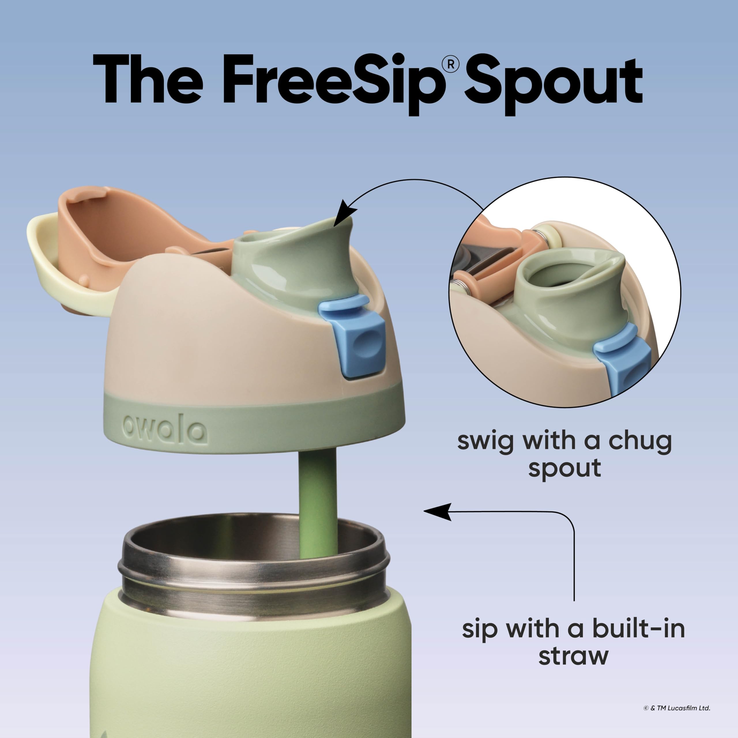 Owala GroGu straw detail revealing built-in sipping straw, easy-clean benefit