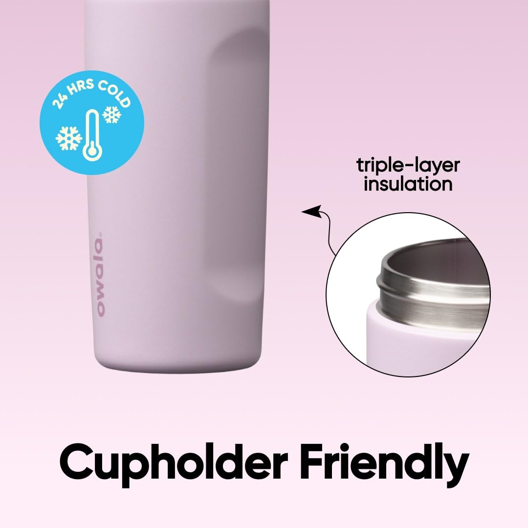 Owala size comparison hand holding bottle demonstrates portable 16-ounce capacity