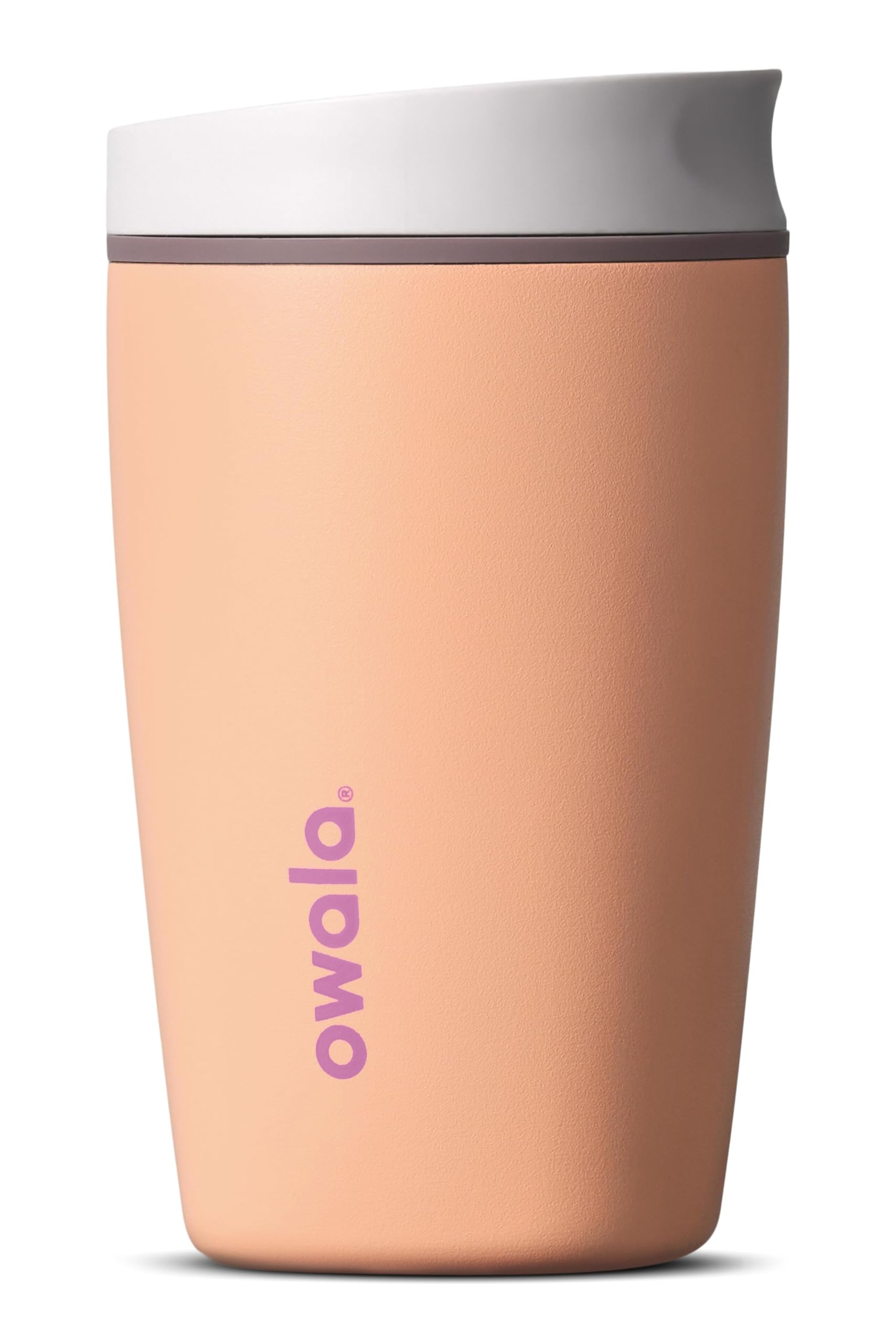 Owala SmoothSip front view showing Peachy Keen tumbler and leakproof lid benefit