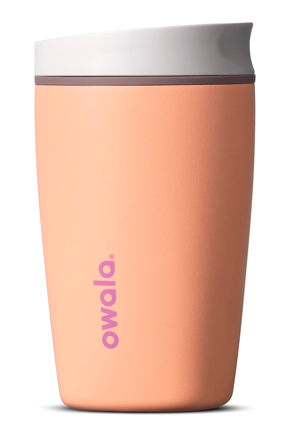 Owala SmoothSip front view showing Peachy Keen tumbler and leakproof lid benefit