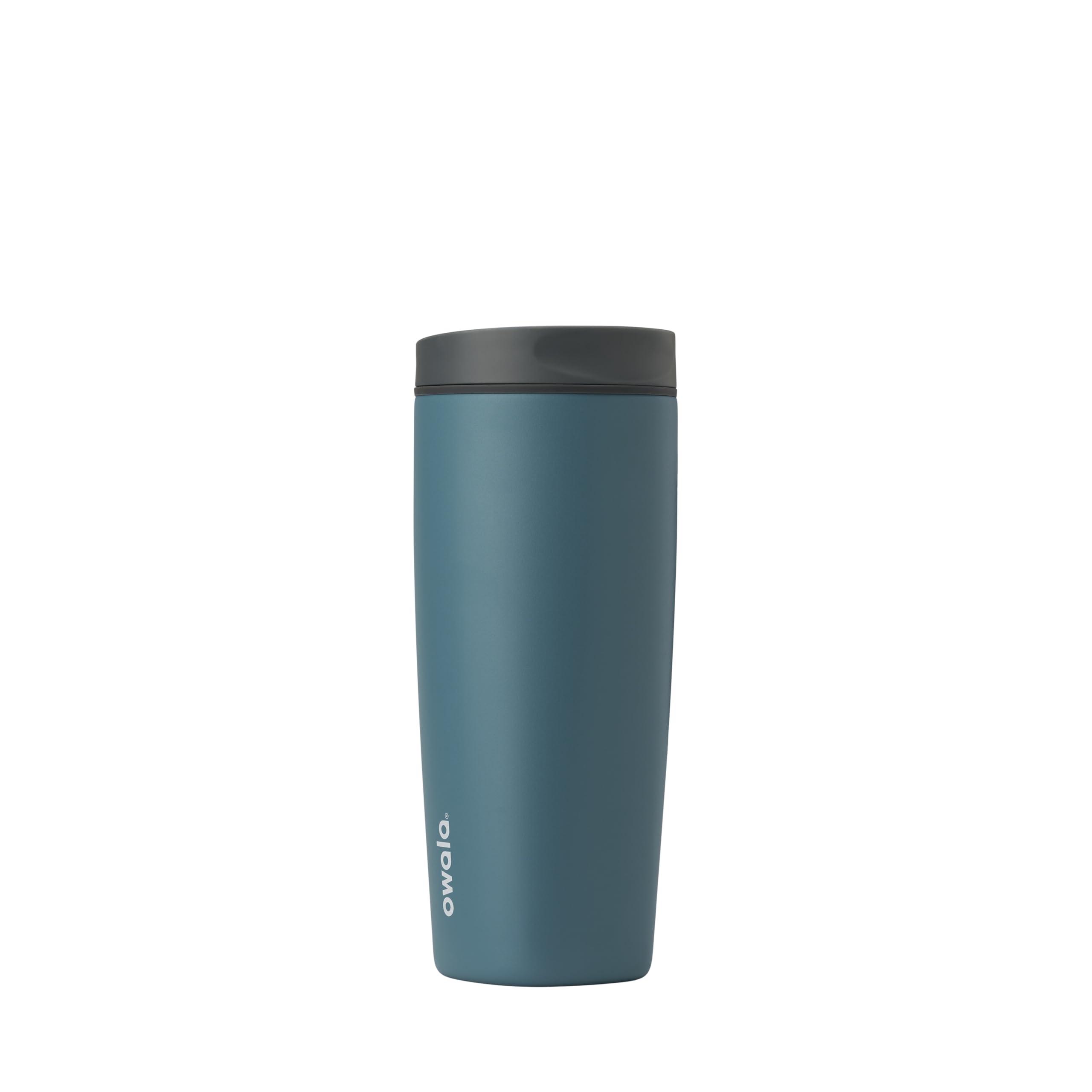 Owala SmoothSip Slider front view showing grey blue finish and easy-grip, leakproof design