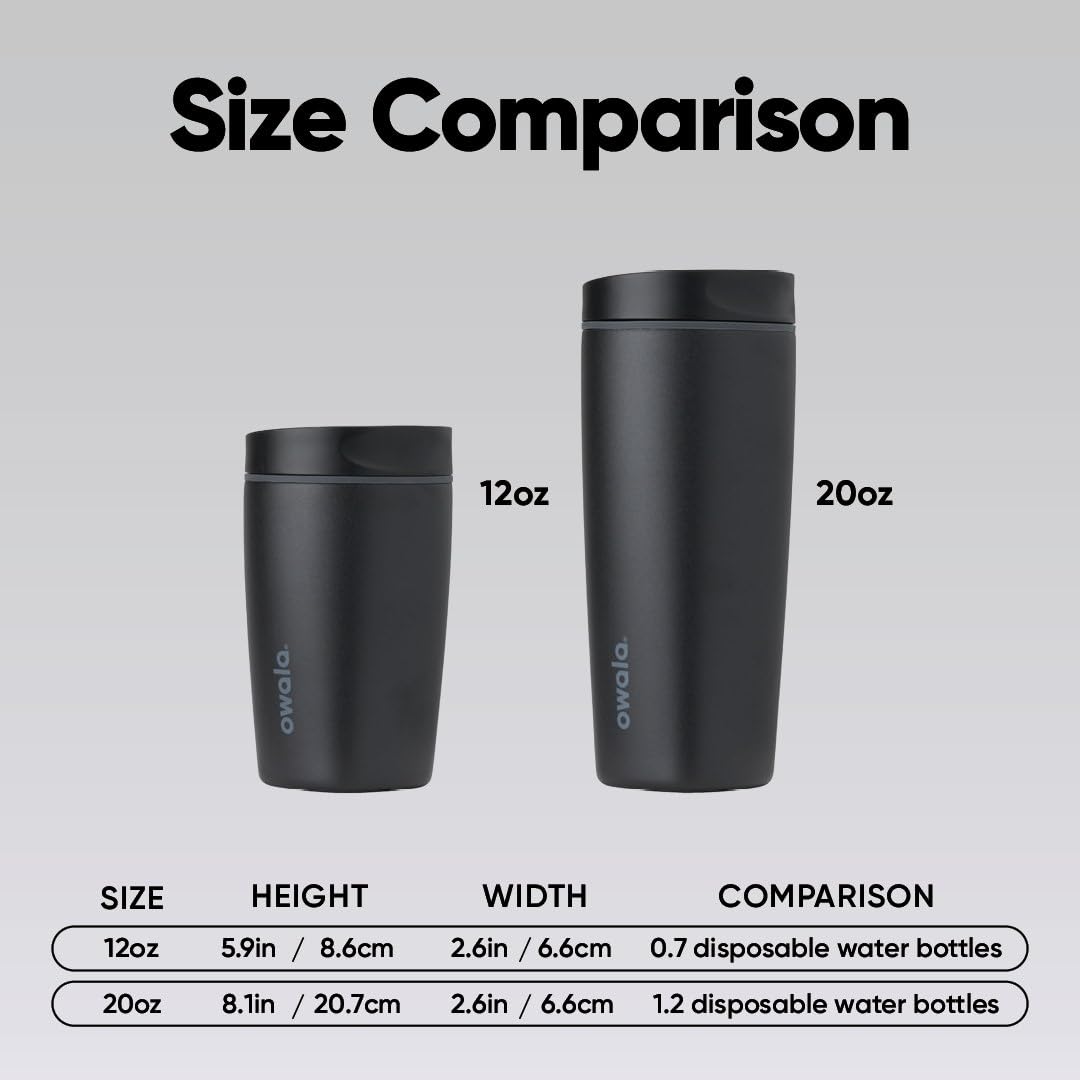 Owala SmoothSip Slider beside coffee cup in lifestyle scene for daily commute