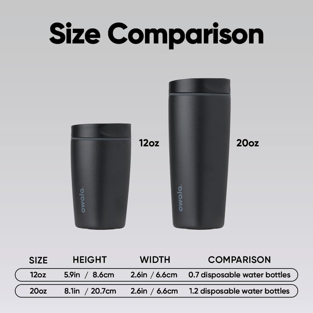 Owala SmoothSip Slider beside coffee cup in lifestyle scene for daily commute