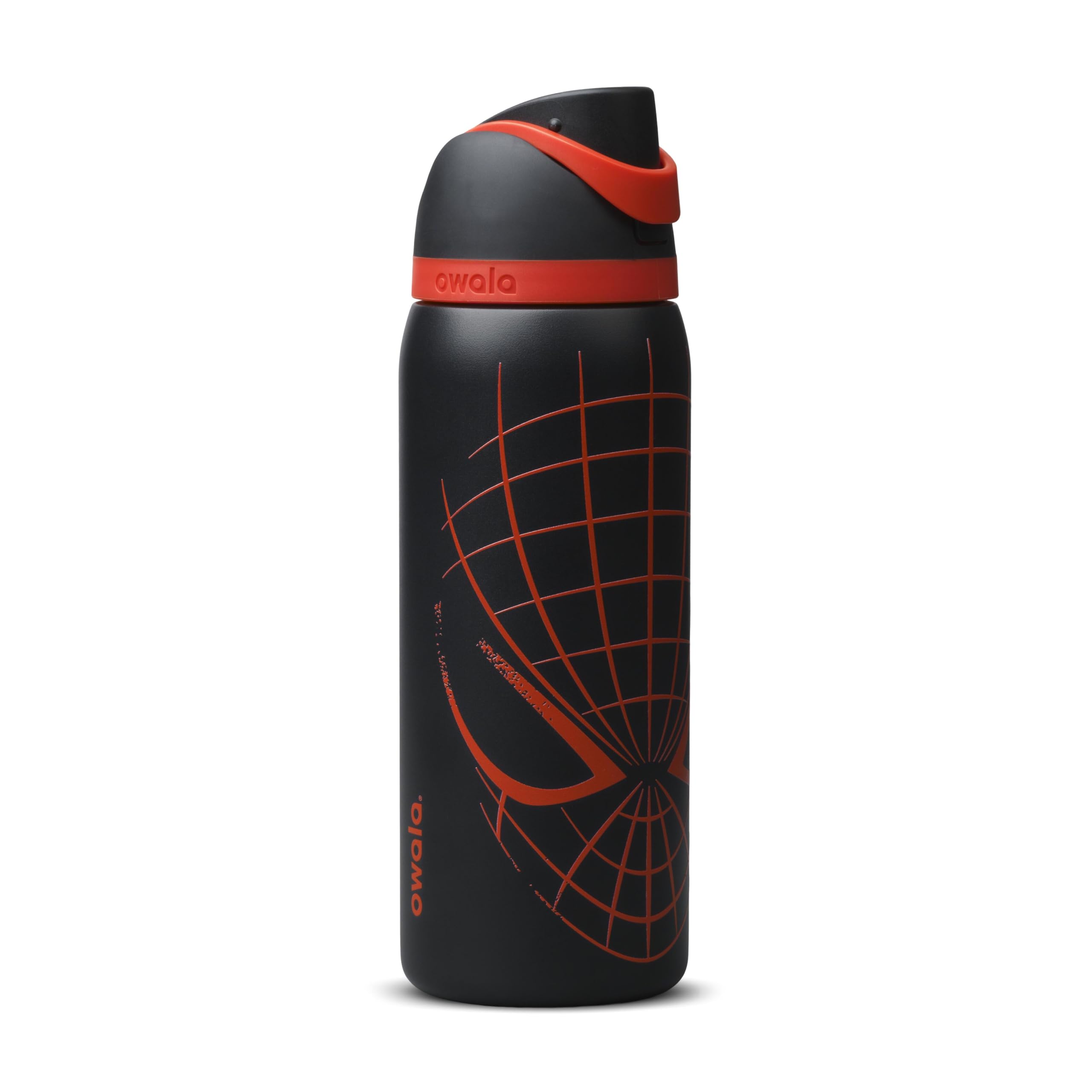 Owala Spider-Man bottle front view showing design and capacity benefits