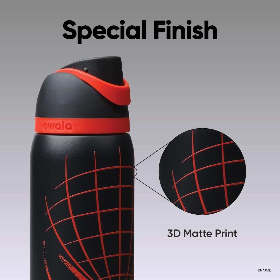 Owala Spider-Man bottle in car cup holder for travel convenience