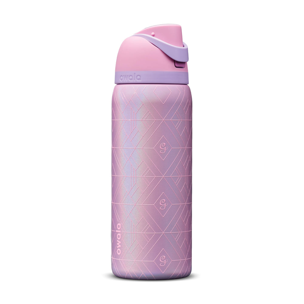 Owala Wicked FreeSip front view showing pink finish and 32 oz capacity benefit