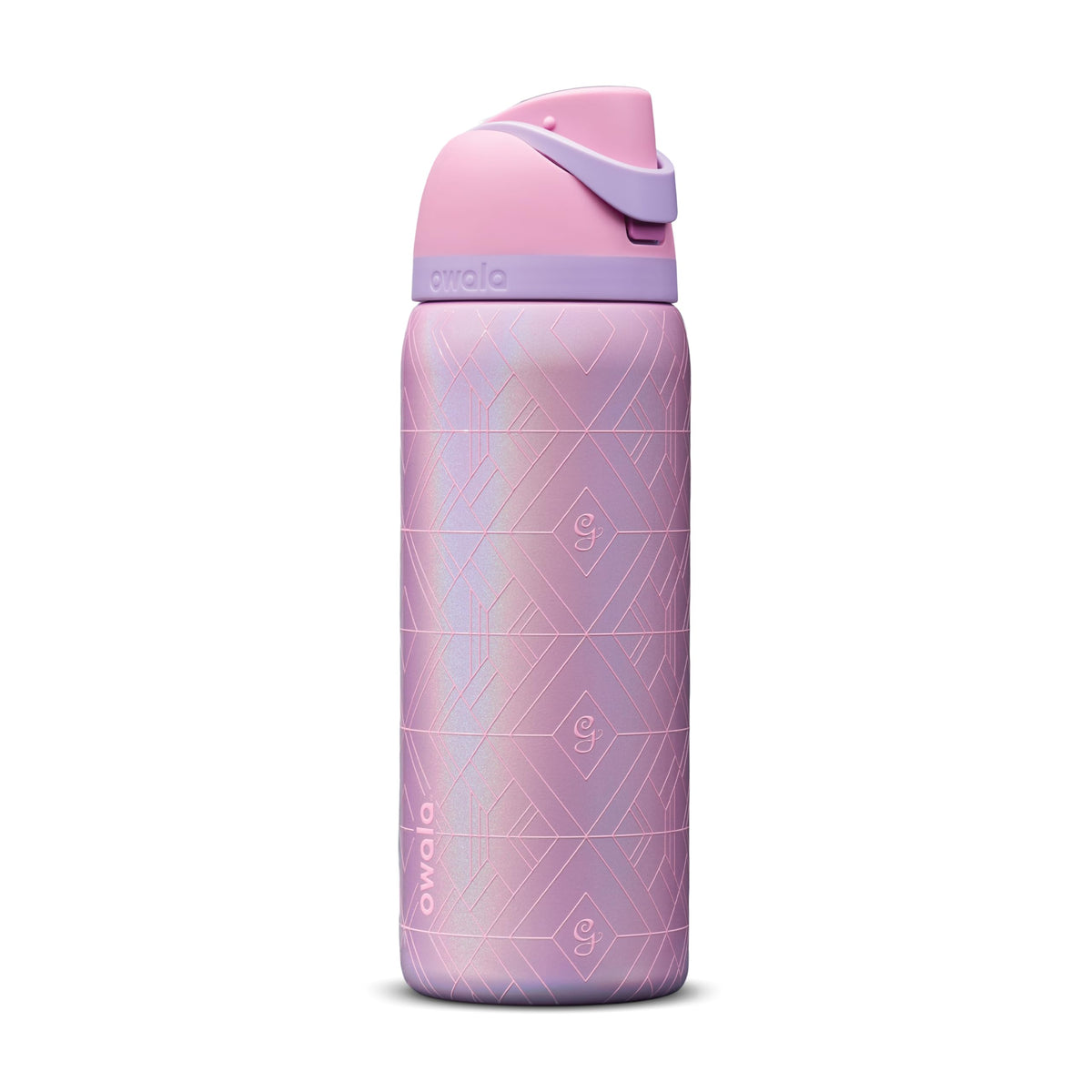 Owala Wicked FreeSip front view showing pink finish and 32 oz capacity benefit
