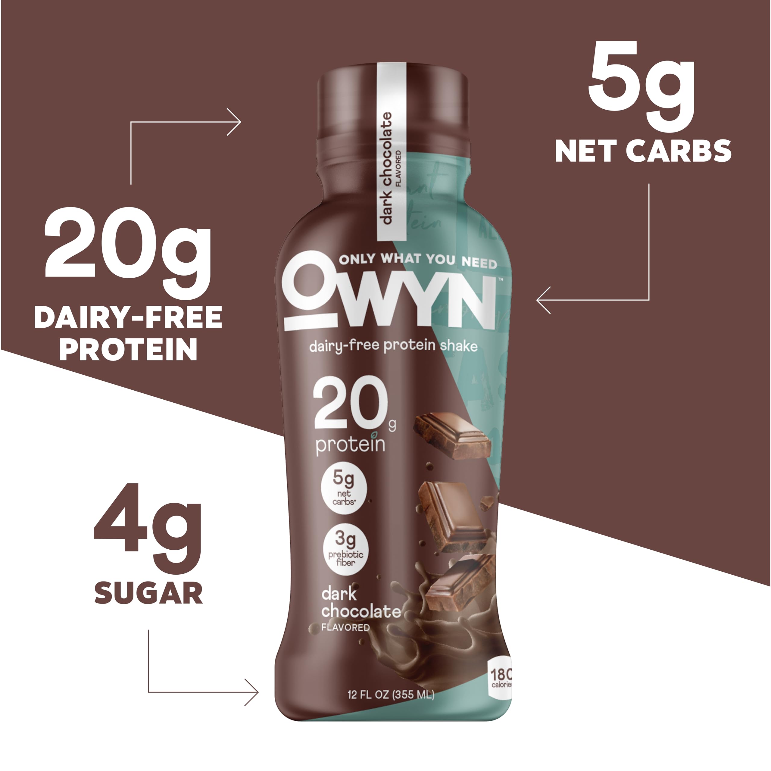 OWYN bottle beside pea, pumpkin seeds and greens highlighting clean plant-based ingredients benefit