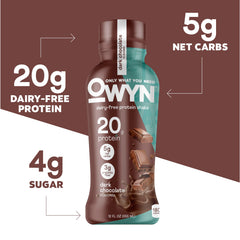 OWYN bottle beside pea, pumpkin seeds and greens highlighting clean plant-based ingredients benefit