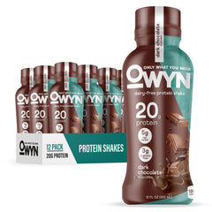 OWYN front packaging showing dark chocolate bottle and branding for quick identification and convenience