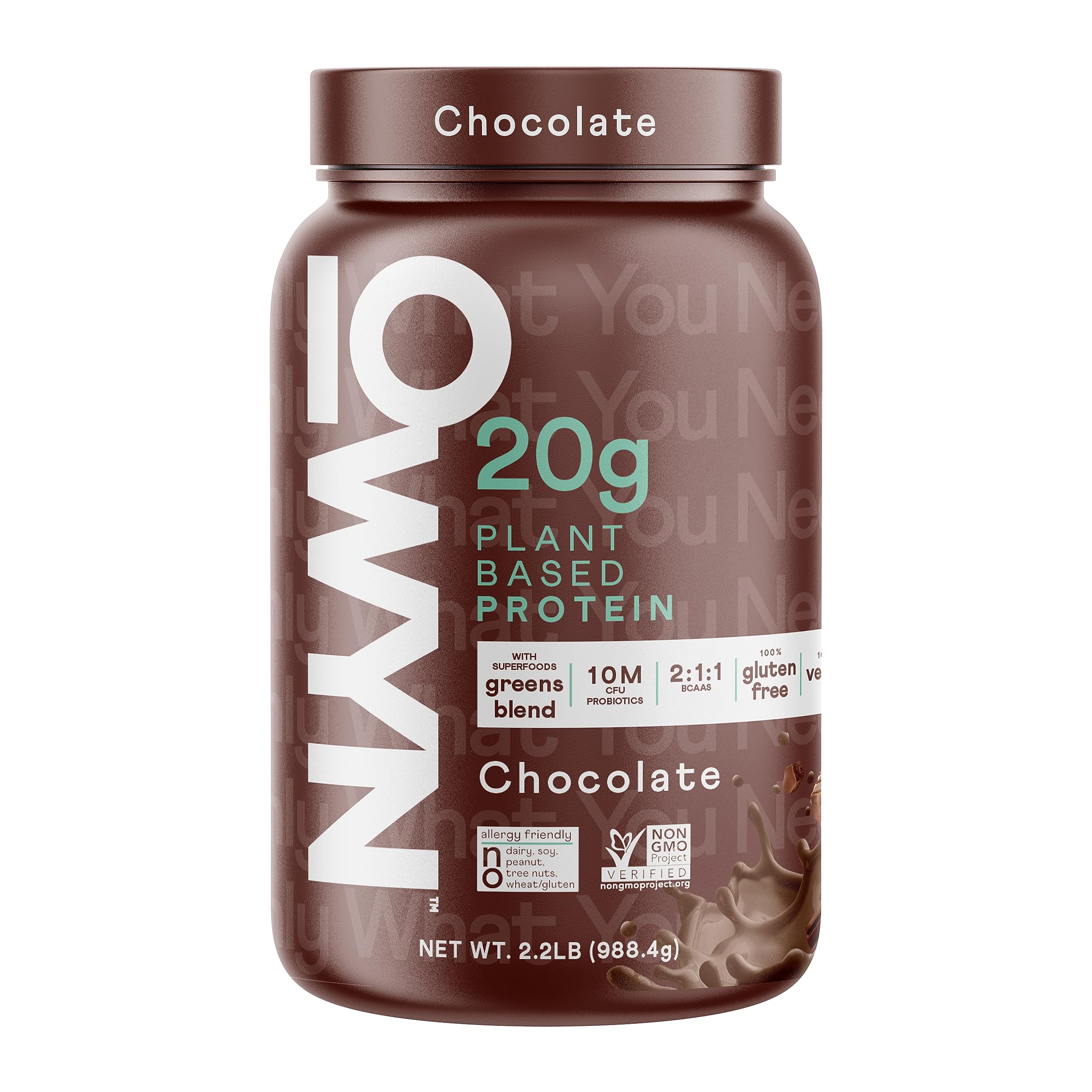 OWYN dark chocolate tub front view showing label and benefits
