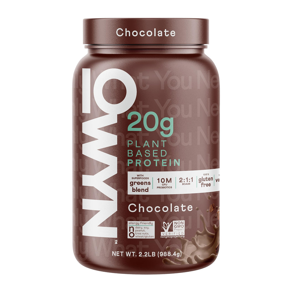 OWYN dark chocolate tub front view showing label and benefits