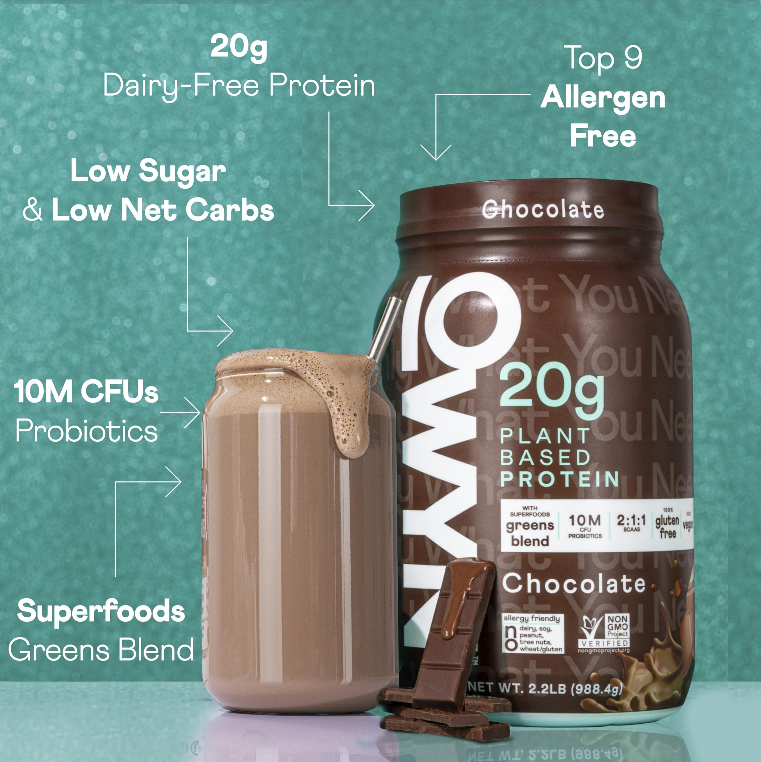 OWYN chocolate protein smoothie being poured demonstrating quick nutrition
