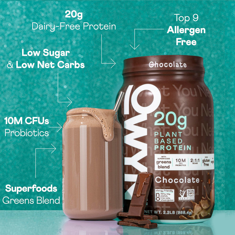 OWYN chocolate protein smoothie being poured demonstrating quick nutrition