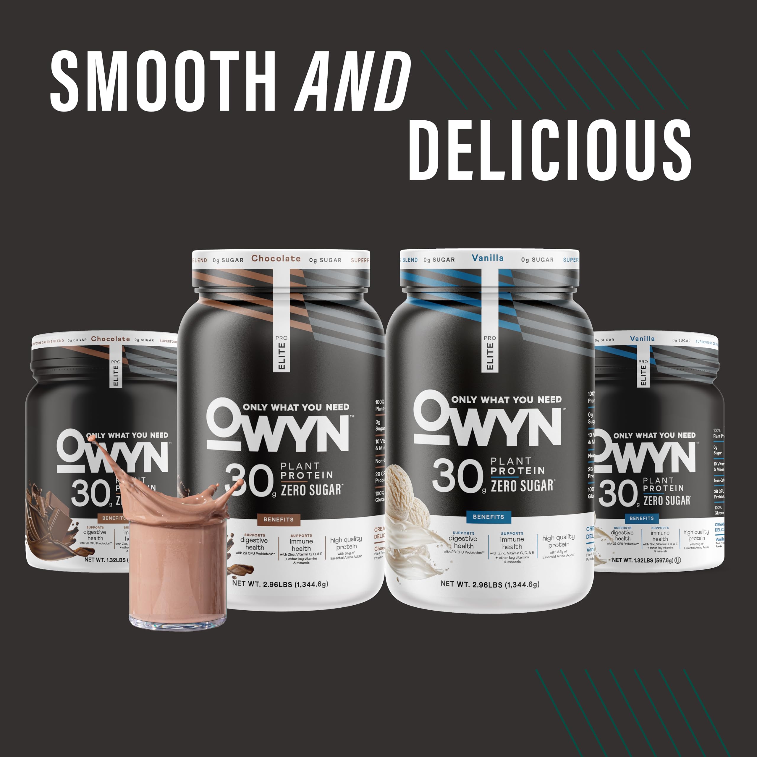 OWYN Pro Elite label close-up displaying vitamins, probiotics, and certifications