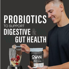 OWYN Pro Elite scoop of powder beside tub showing serving size for convenience