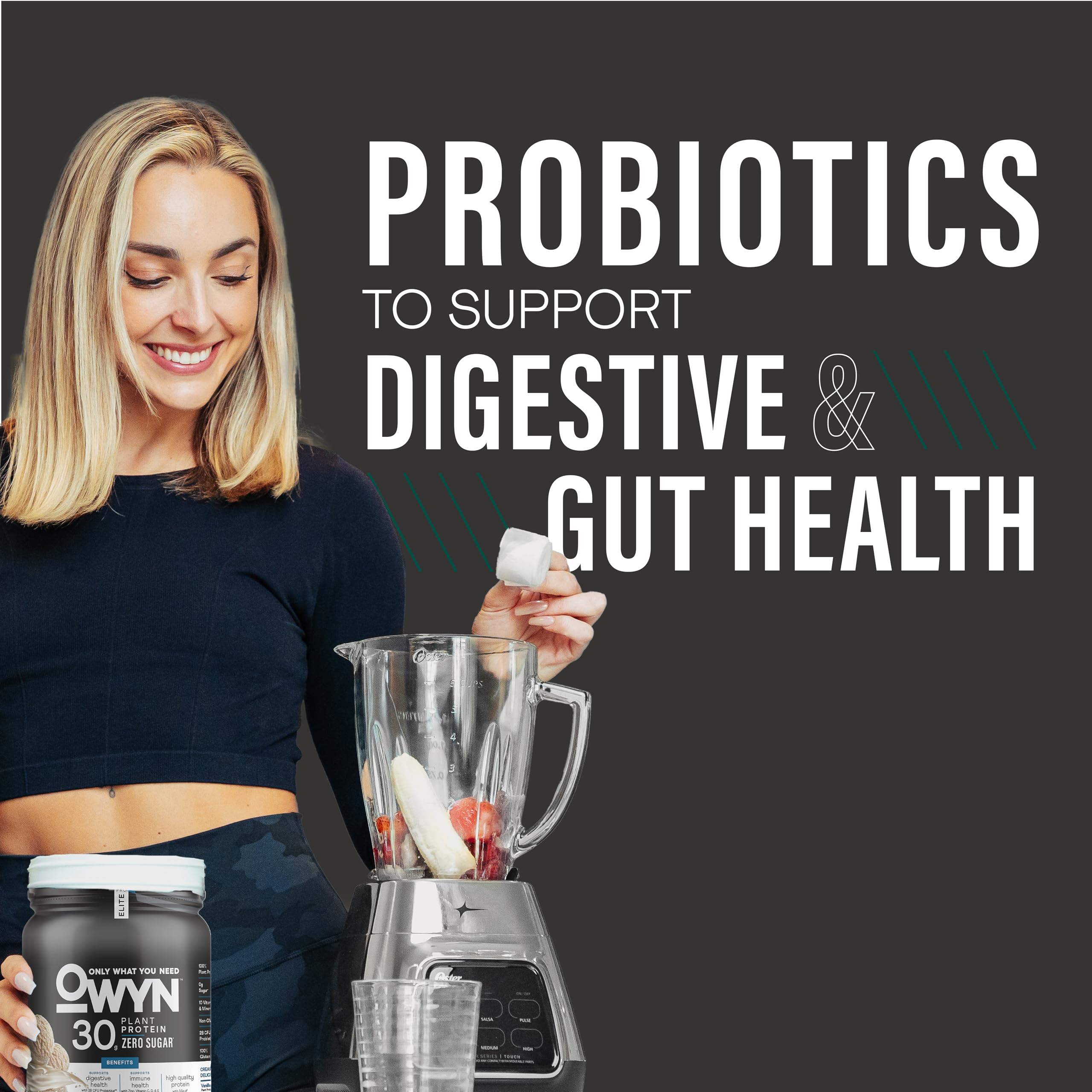 OWYN Pro Elite vanilla shake in glass illustrating creamy, easy blending
