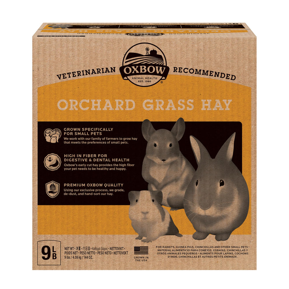 Oxbow front packaging of 9 lb orchard hay showing brand benefit fresh forage