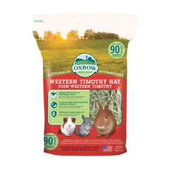 Oxbow front packaging of 90 oz Timothy hay showing product name and quality benefits