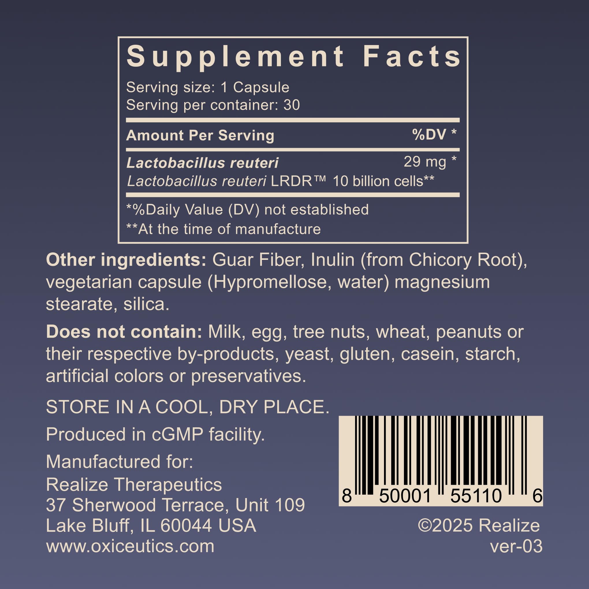 close-up of a MyReuteri vegetarian capsule highlighting Oxiceutics quality and convenience