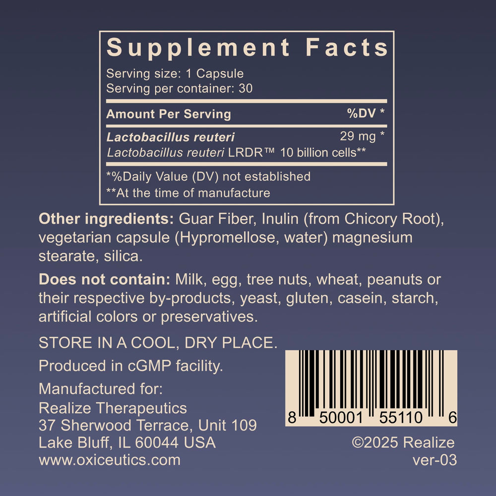 close-up of a MyReuteri vegetarian capsule highlighting Oxiceutics quality and convenience
