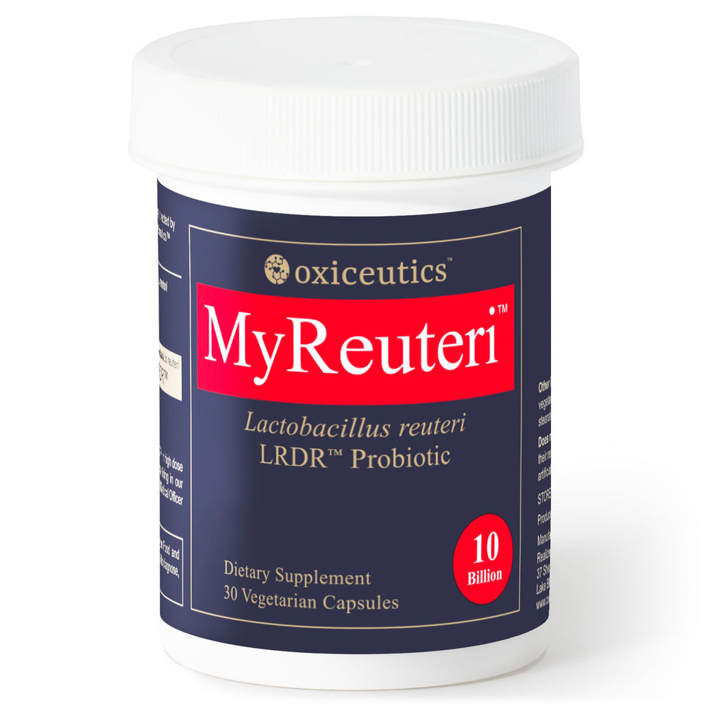 Oxiceutics bottle front view showing MyReuteri packaging and easy identification benefit