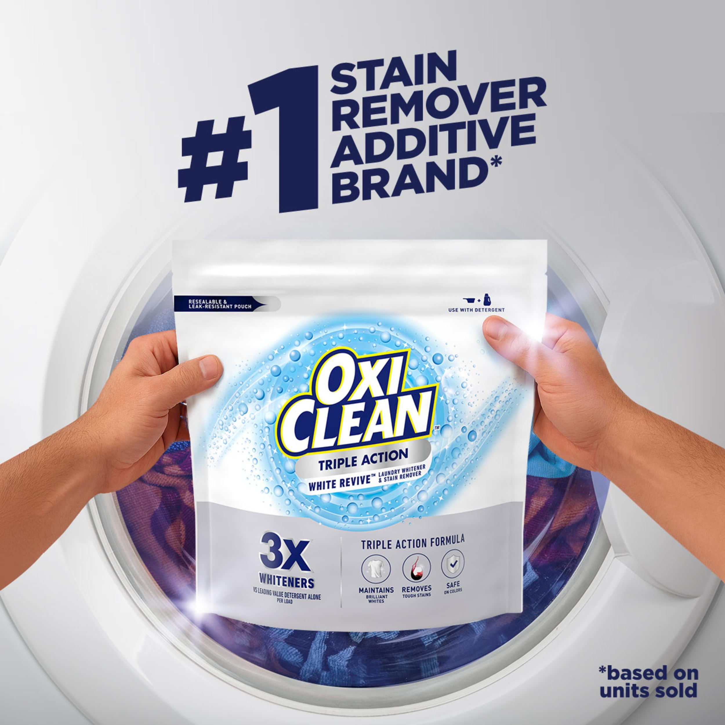 hand holding 4 lb OxiClean pouch showing scale and portable packaging