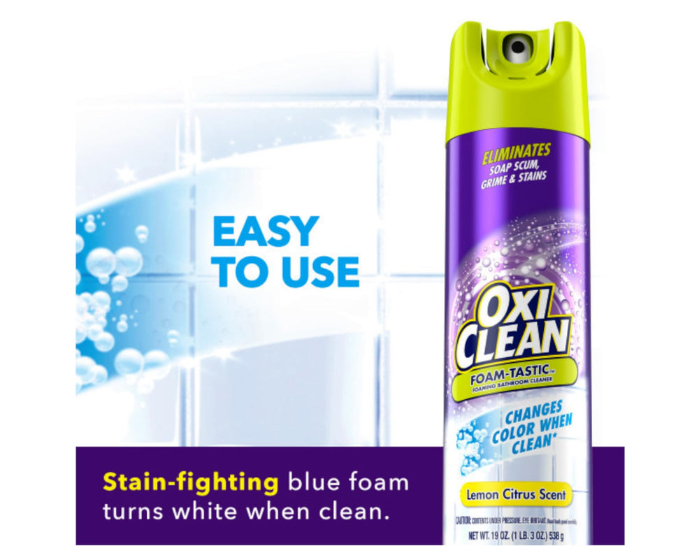 OxiClean in a lifestyle bathroom cleaning scene showing ease of use and everyday maintenance benefit