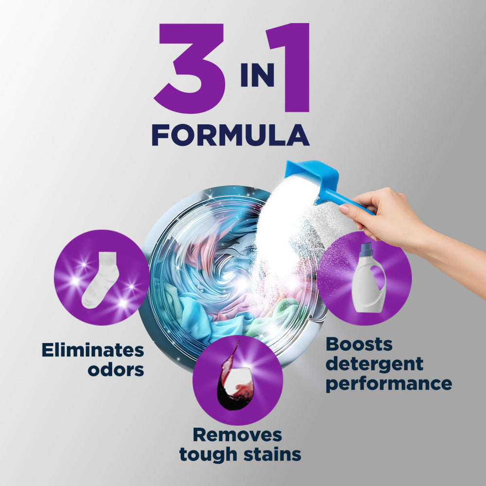 OxiClean powder being poured into a washing machine with detergent to boost wash performance