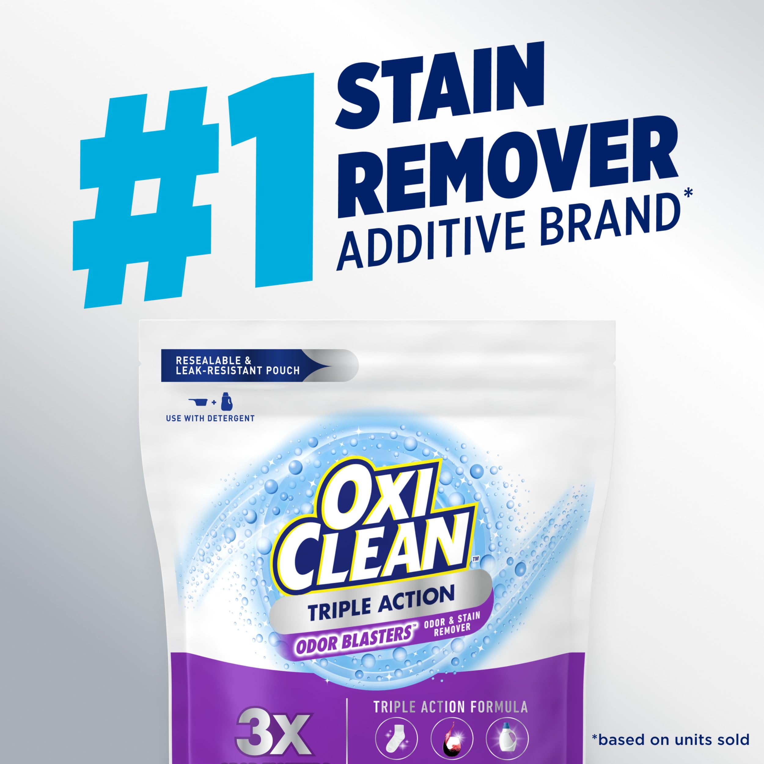 OxiClean pouch beside common laundry items showing scale and portability