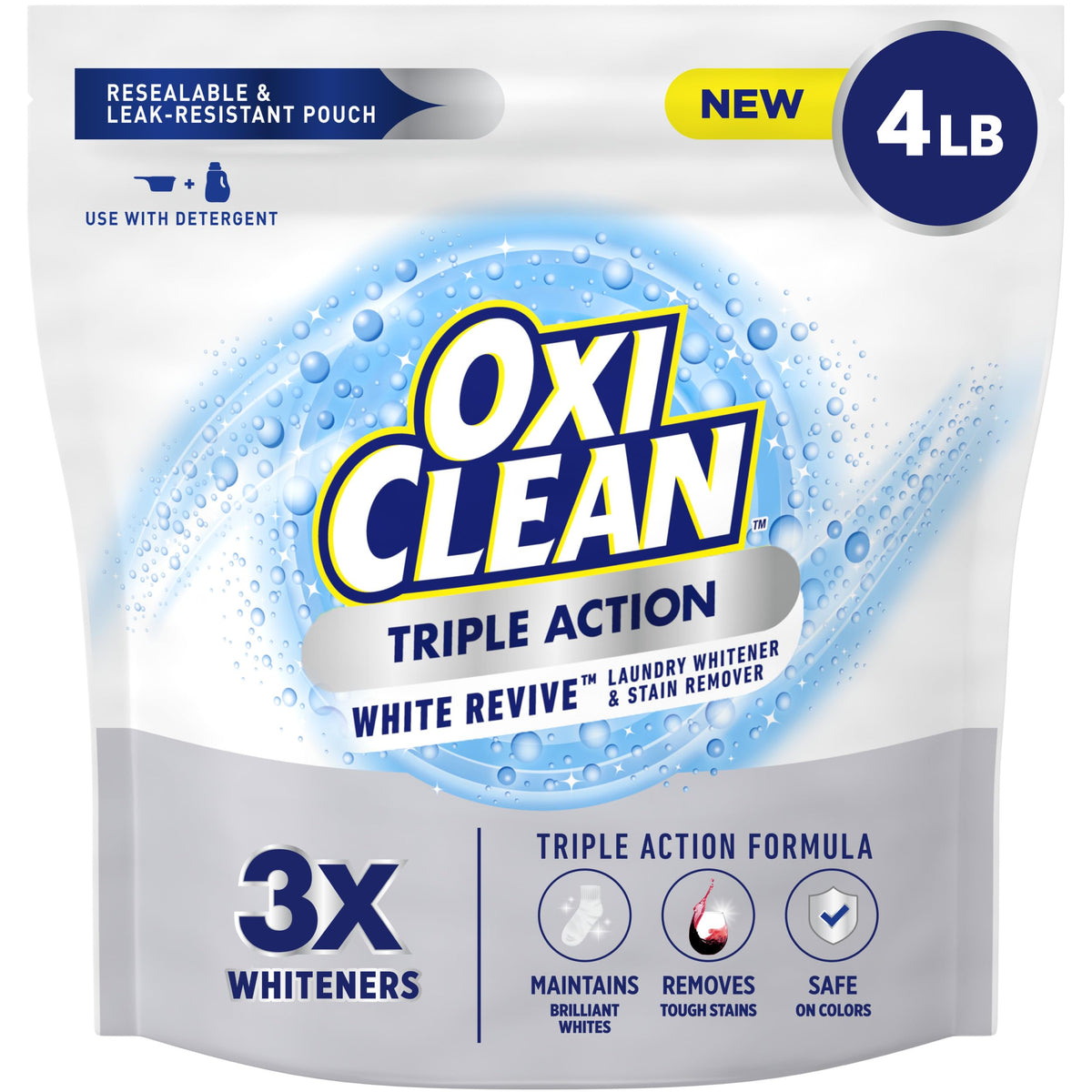 OxiClean front pouch showing packaging and benefit of brightening