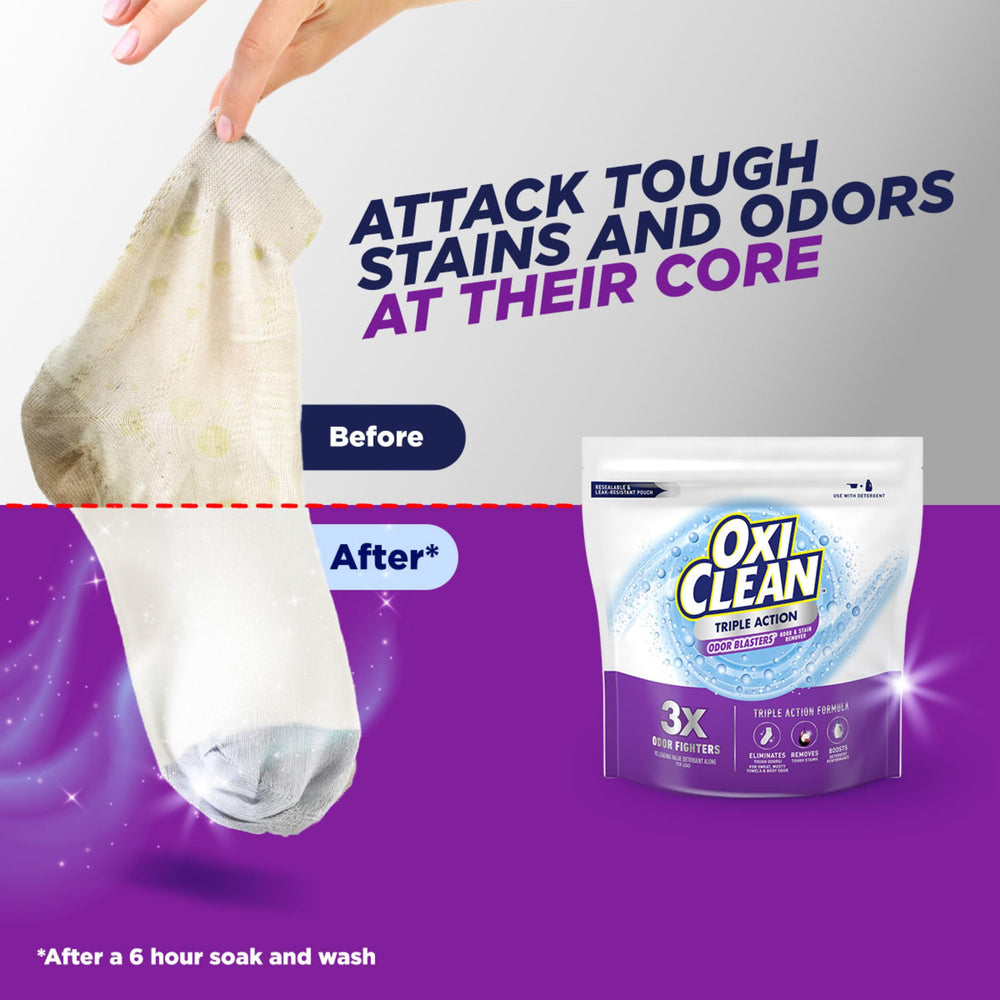 Hand dabbing upholstery with OxiClean showing targeted stain removal and odor reduction