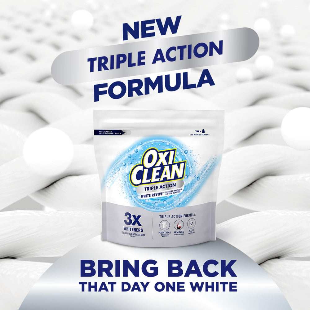 OxiClean pouch open with scoop illustrating precise dosing and convenience