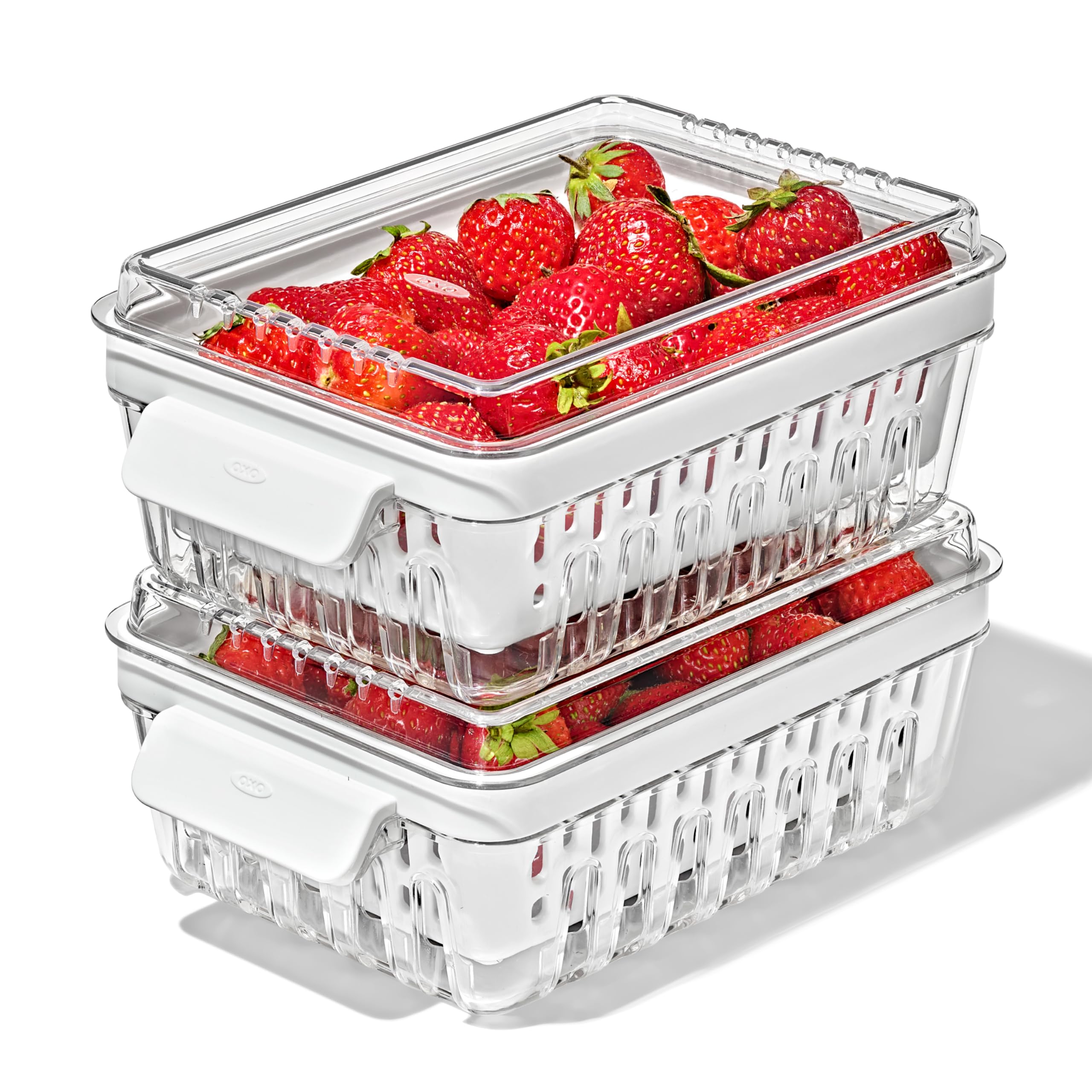 OXO Berry Keeper front view showing clear bin and lid, keeps produce visible