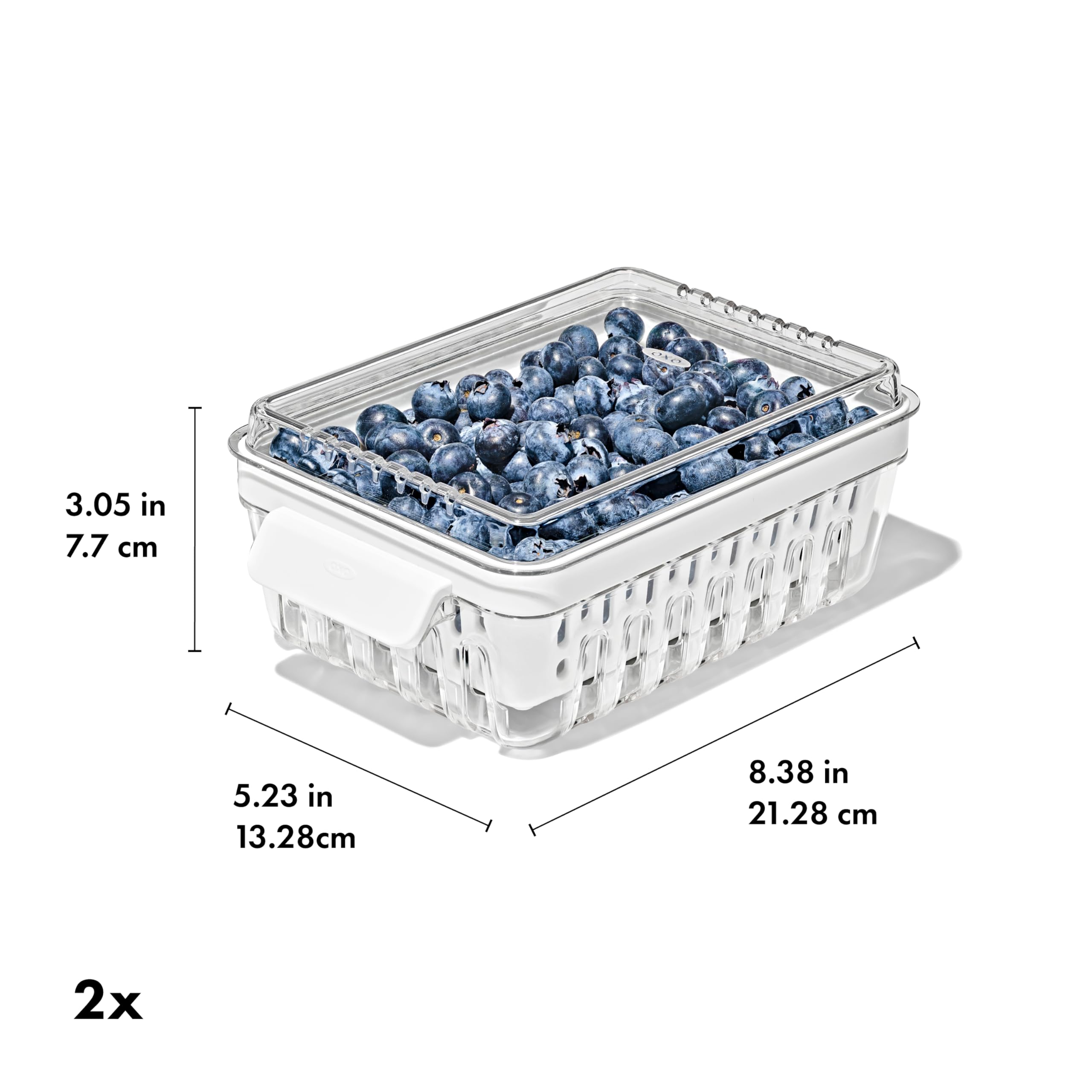 OXO Berry Keeper on fridge shelf with berries, keeps food organized and fresh