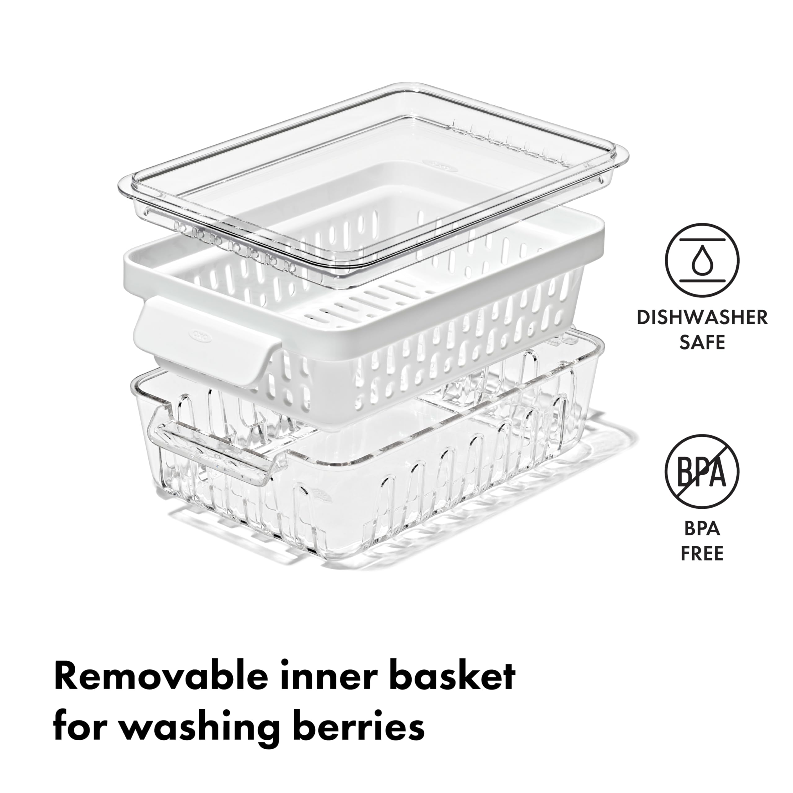 OXO Berry Keeper scale with hand showing compact size for fridge fit