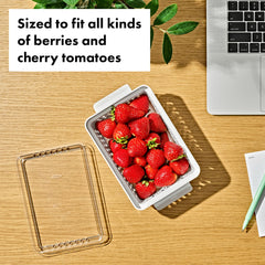 OXO Berry Keeper stacked with other bins to save fridge space and organize
