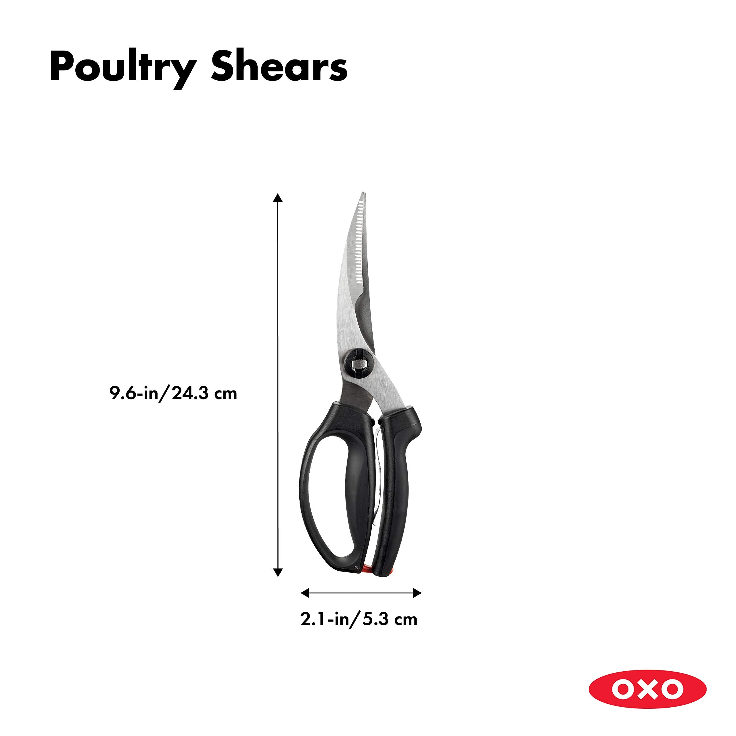 Close-up of OXO stainless-steel blades highlighting sharp tapered edge for precise poultry trimming