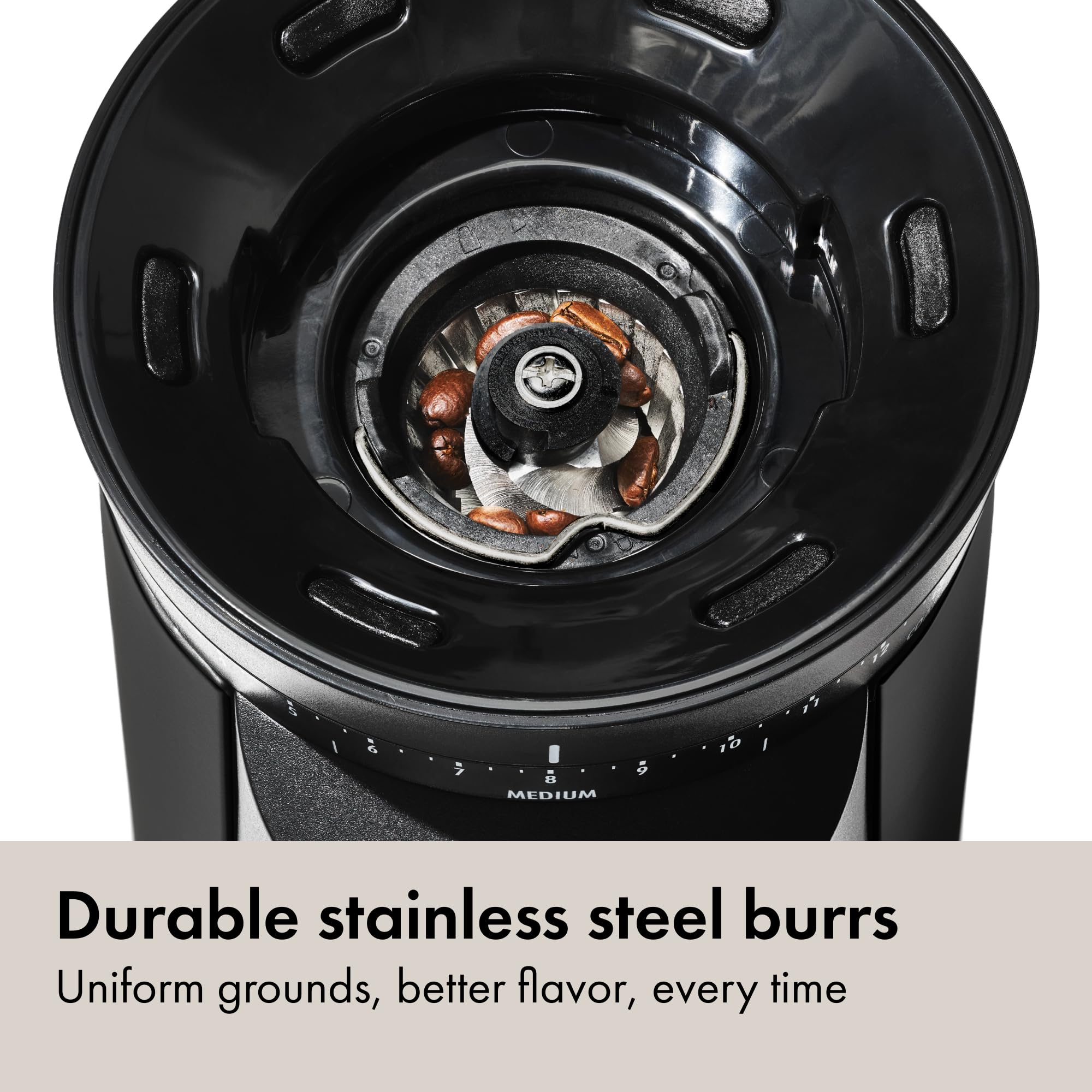OXO Brew stainless steel conical burr detail for uniform grind consistency