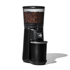 OXO Brew front view showing matte black grinder and easy one-touch operation benefit