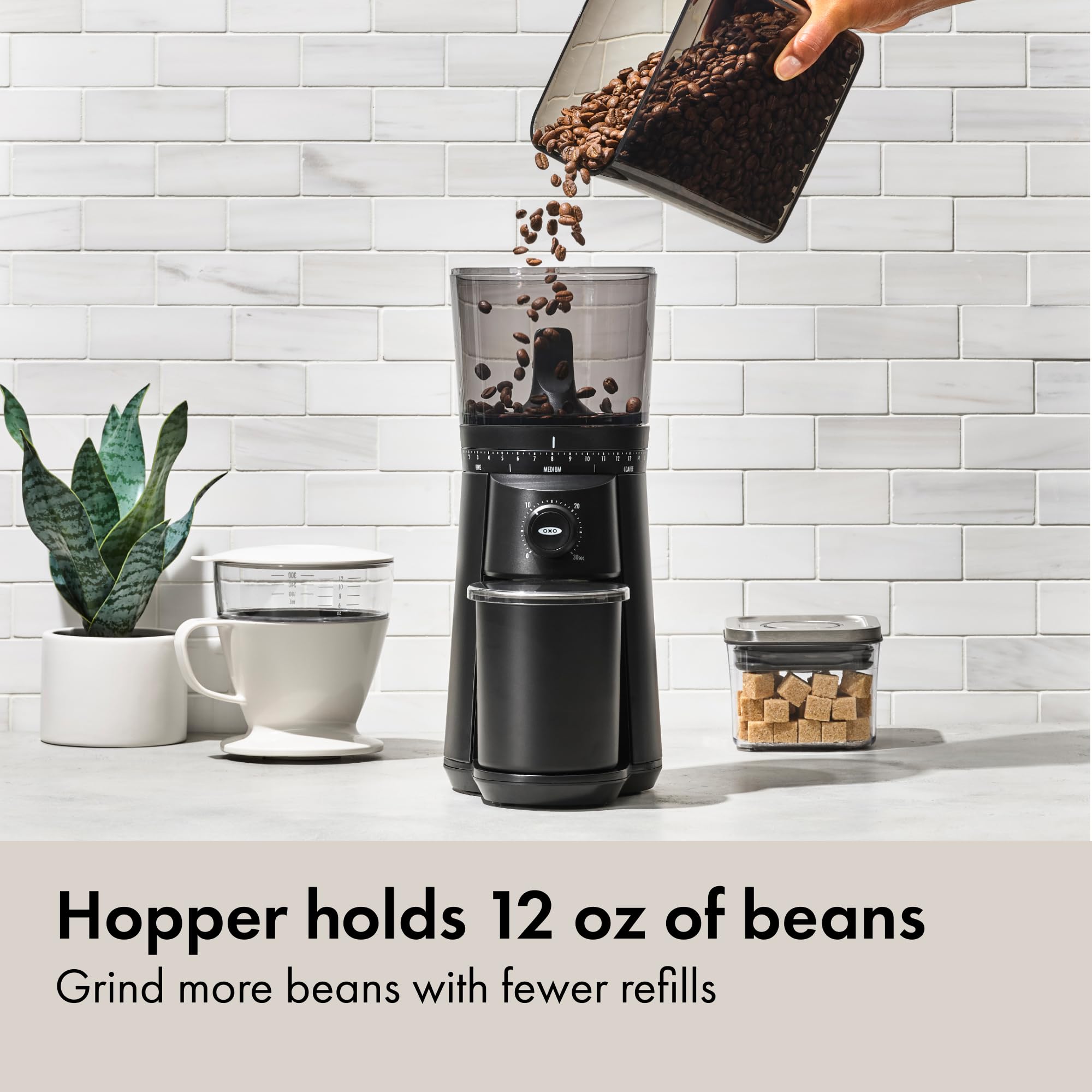 OXO Brew hopper close-up with UV tint protecting beans for fresher flavor