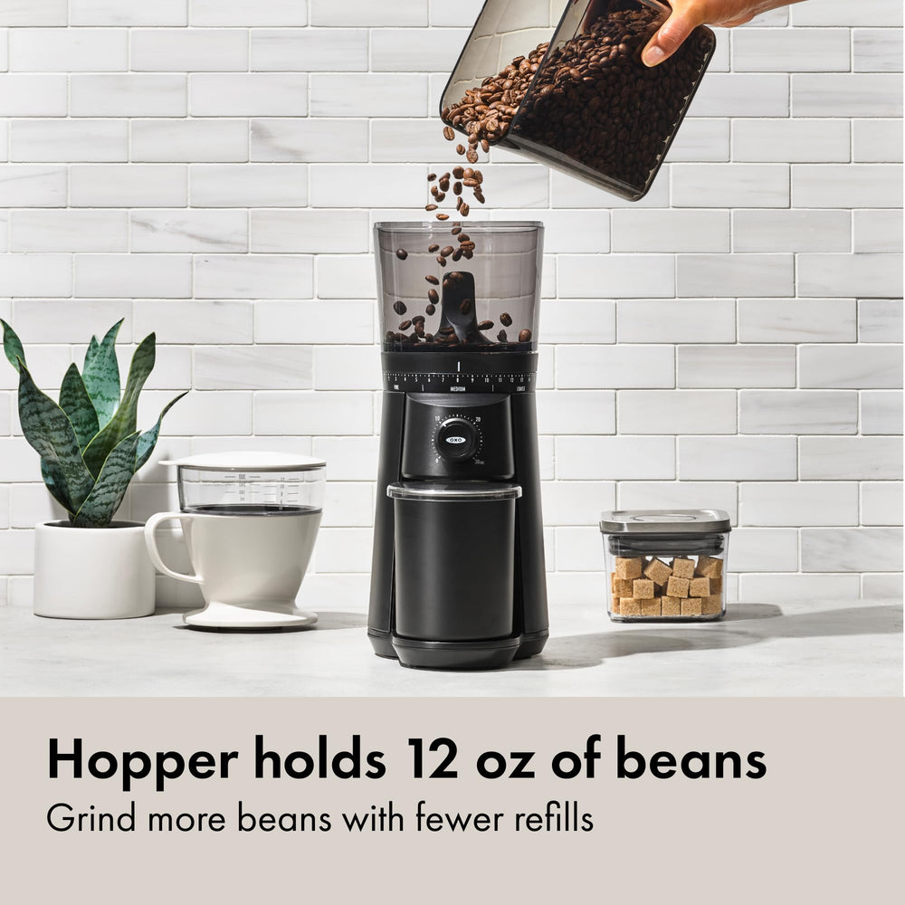 OXO Brew hopper close-up with UV tint protecting beans for fresher flavor