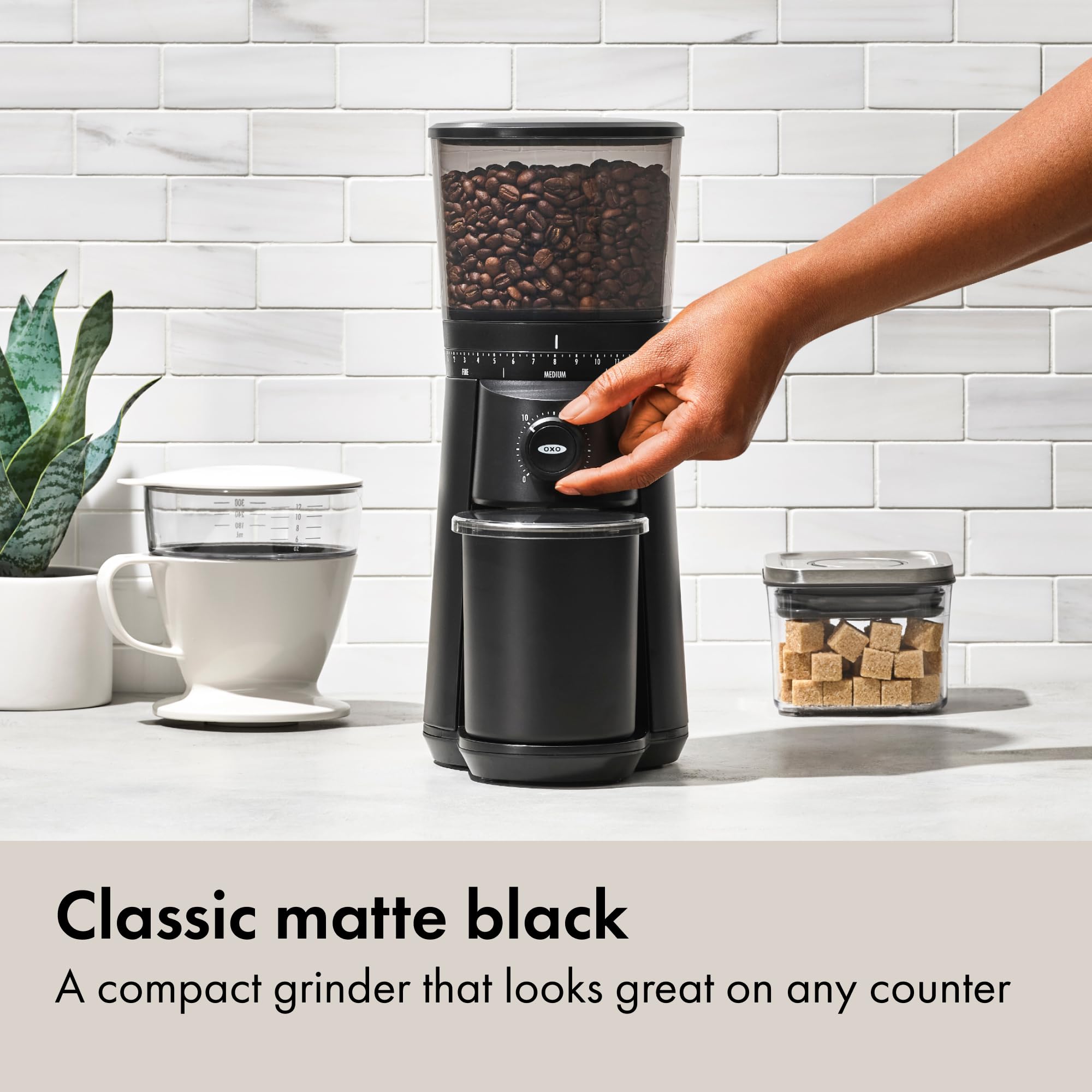 OXO Brew hopper filled with beans next to a scale showing large 12 oz capacity