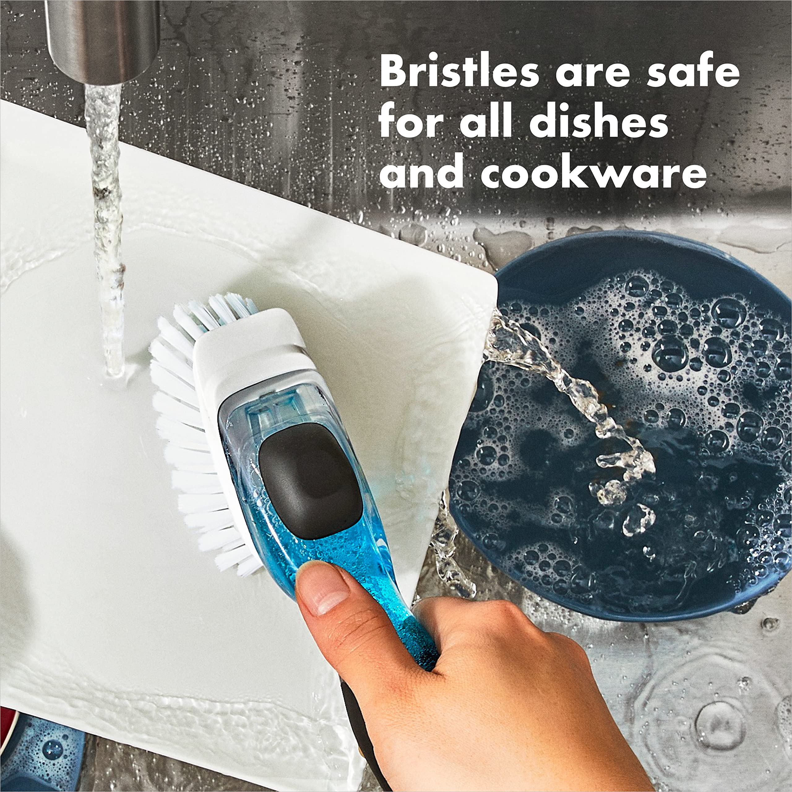 OXO detailed shot of durable nylon bristles that safely scrub nonstick cookware