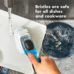 OXO detailed shot of durable nylon bristles that safely scrub nonstick cookware