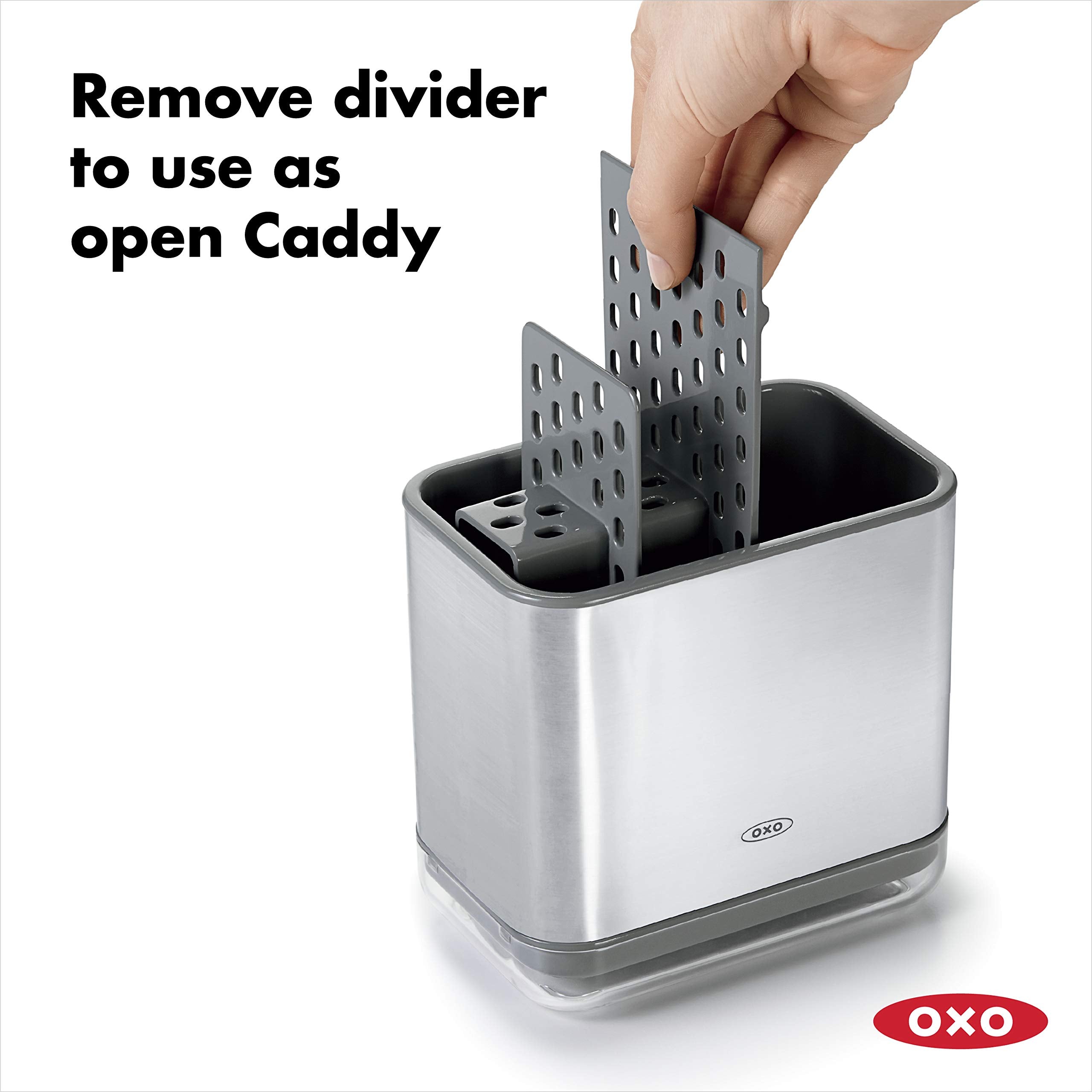 OXO caddy holding sponges and brushes keeps cleaning tools handy and tidy