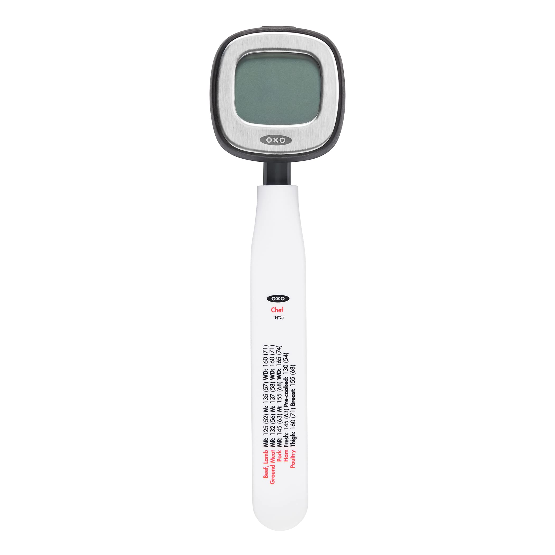 OXO Good Grips thermometer front view showing compact body and readable display for fast checks