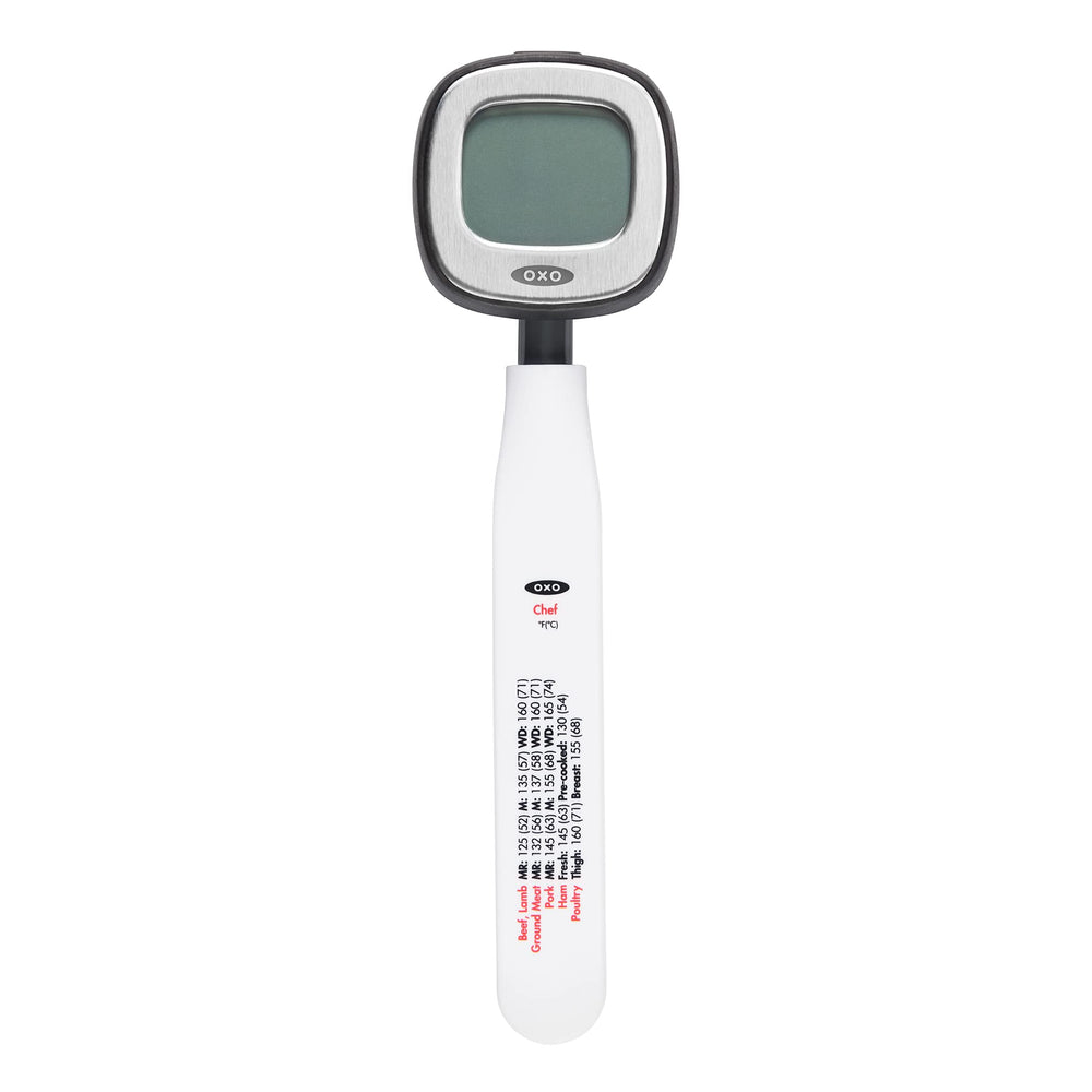 OXO Good Grips thermometer front view showing compact body and readable display for fast checks