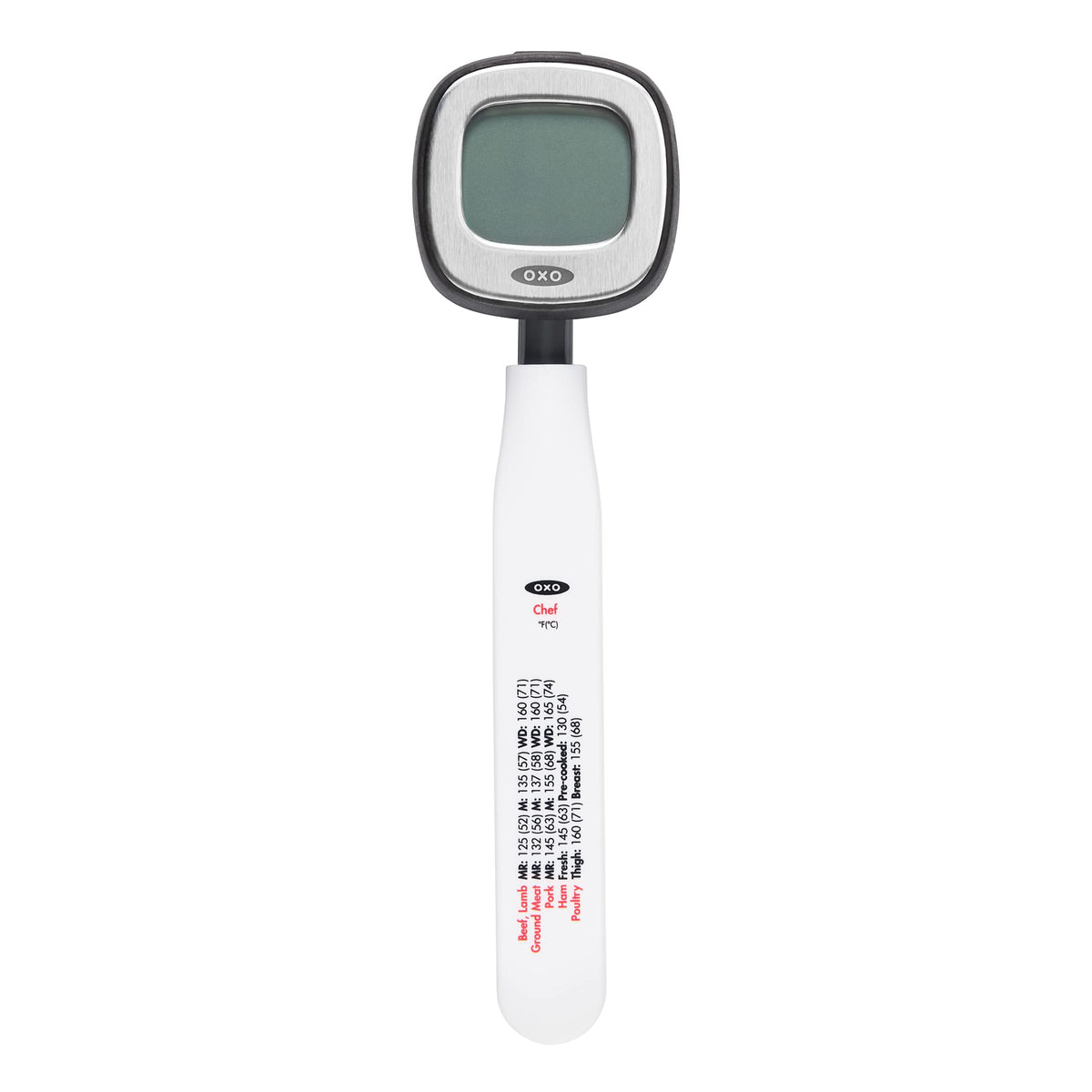 OXO Good Grips thermometer front view showing compact body and readable display for fast checks